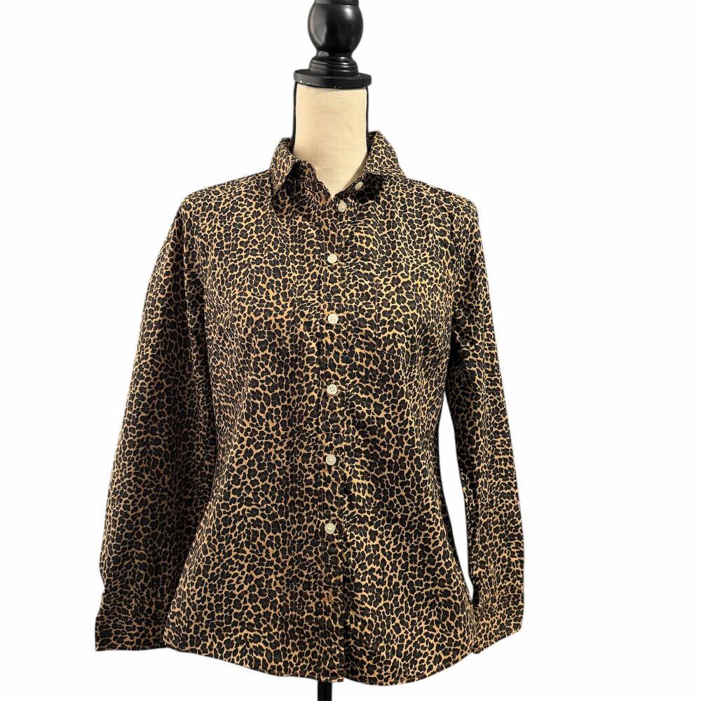 J. Crew Factory Women's Black Brown Leopard 100% Cotton Button Down Blouse Sz M